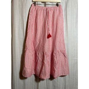 Talbots Red White Striped Linen Blend Tiered Maxi Skirt Tassel Drawstring Mens M